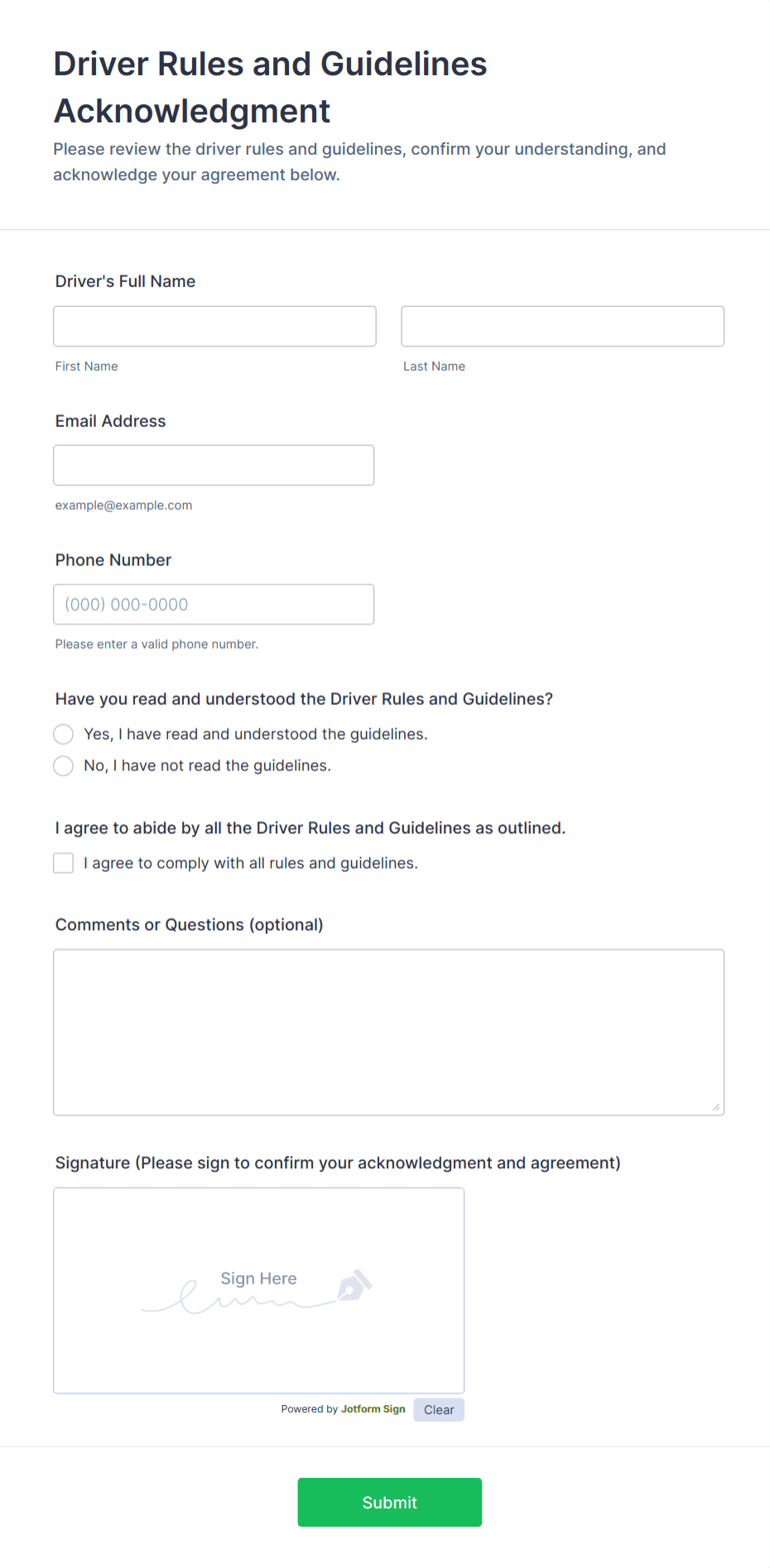 Driver Check Consent Driver Rules and Guidelines Acknowledgment Form Template | Jotform