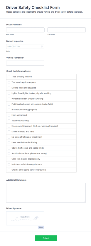 Driver Safety Checklist Form Template