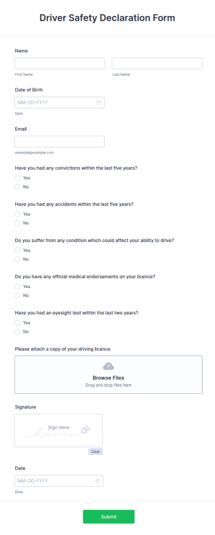 Driver Safety Declaration Form Template