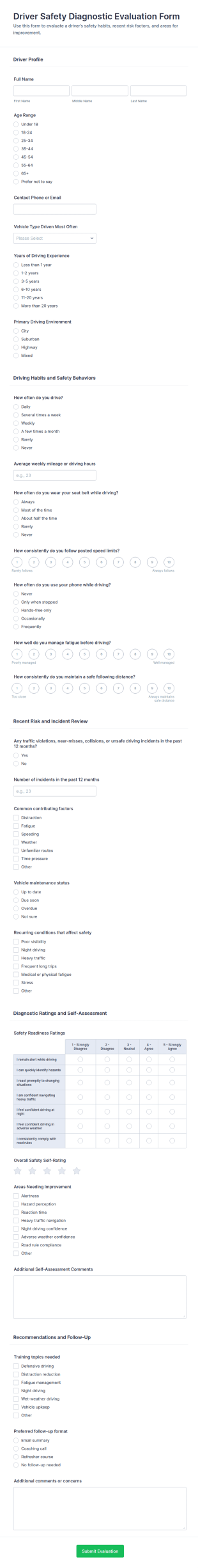 Driver Safety Diagnostic Evaluation Form Template