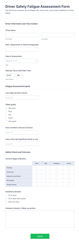 Driver Safety Fatigue Assessment Form Template