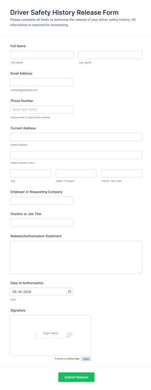 Driver Safety History Release Form Template
