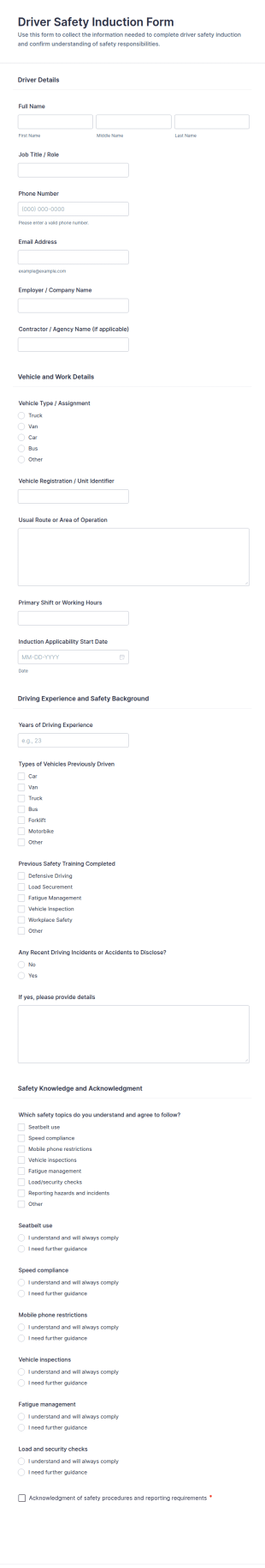 Driver Safety Induction Form Template