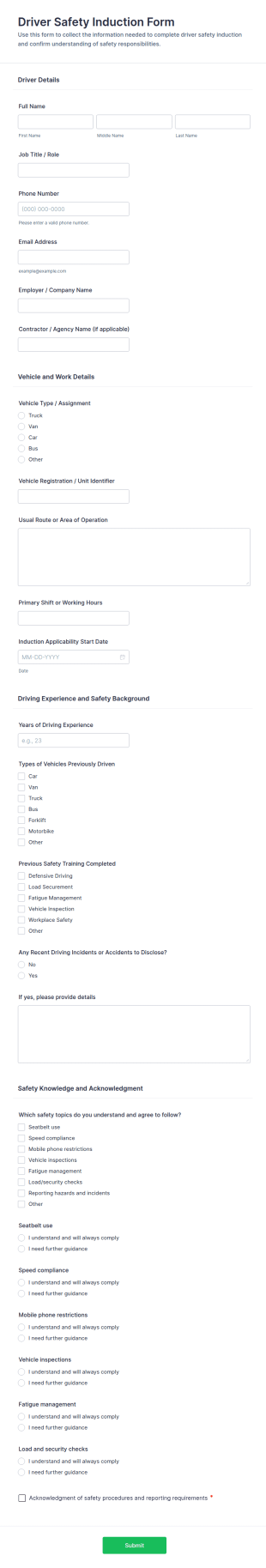 Driver Safety Induction Form Template