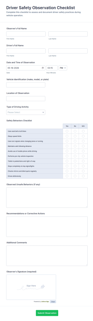 Driver Safety Observation Checklist Form Template