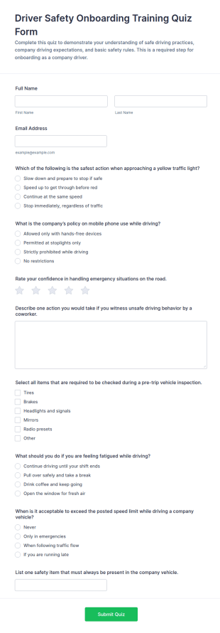 Driver Safety Onboarding Training Quiz Form Template