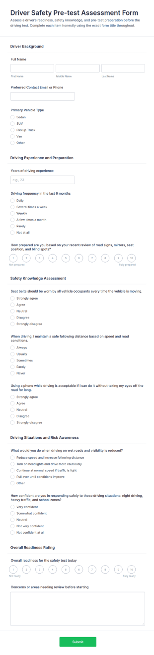 Driver Safety Pre Test Assessment Form Template