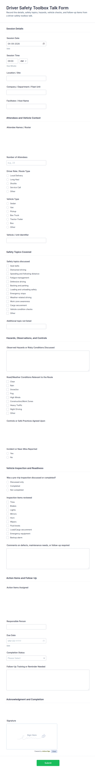 Driver Safety Toolbox Talk Form Template