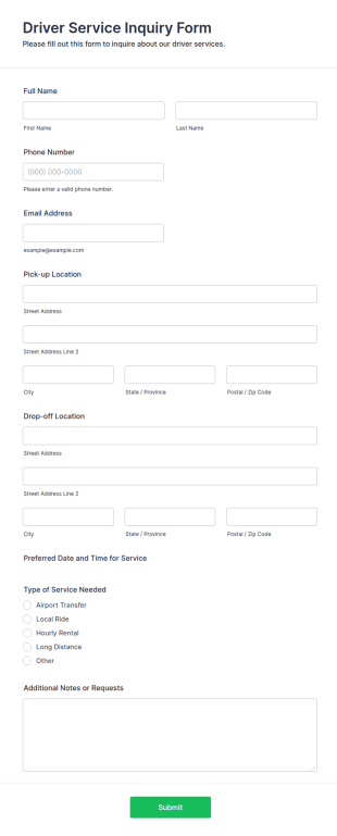 Driver Service Inquiry Form Template