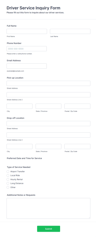 Driver Service Inquiry Form Template
