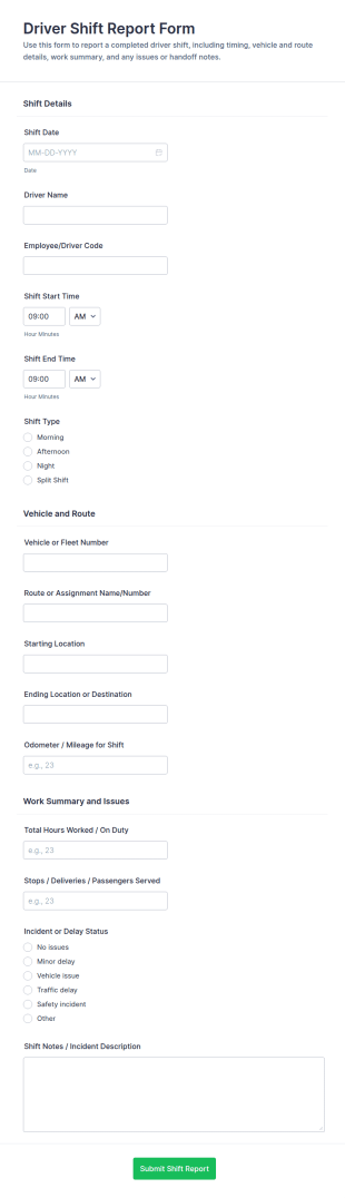 Driver Shift Report Form Template