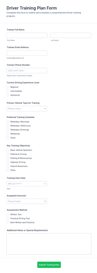 Driver Training Plan Form Template