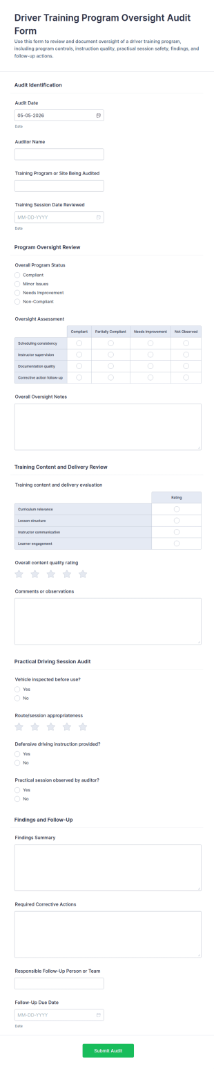 Driver Training Program Oversight Audit Form Template