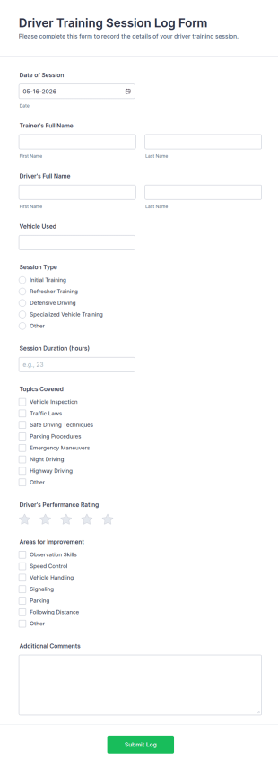 Driver Training Session Log Form Template