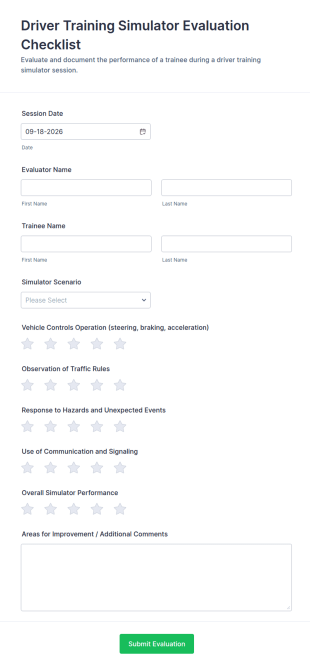 Driver Training Simulator Evaluation Checklist Form Template