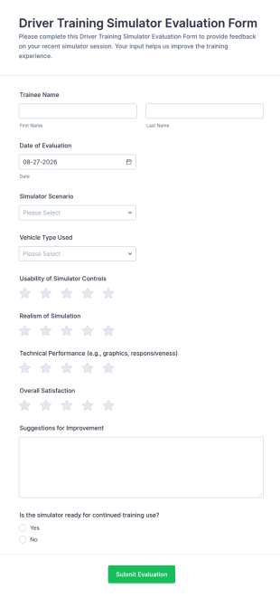 Driver Training Simulator Evaluation Form Template
