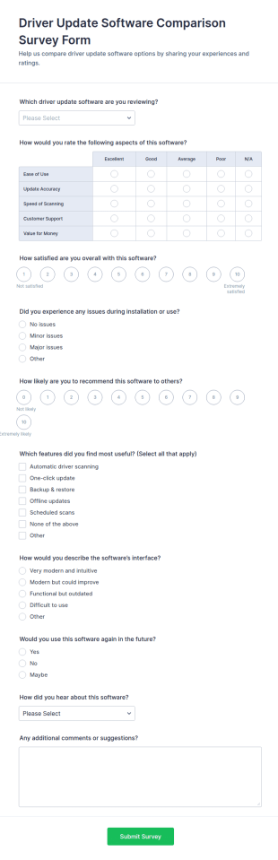 Driver Update Software Comparison Survey Form Template