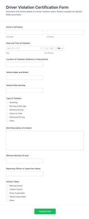 Driver Violation Certification Form Template