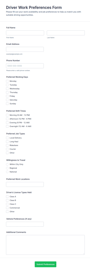 Driver Work Preferences Form Template