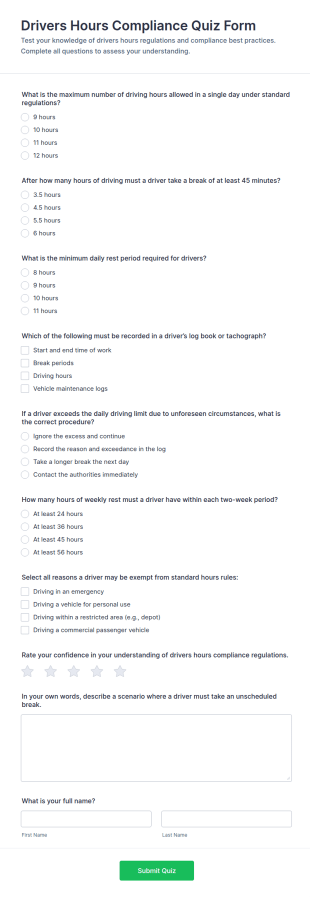 Drivers Hours Compliance Quiz Form Template