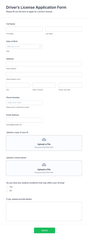 Driver’s License Application Form Form Template