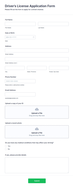 Driver’s License Application Form Template