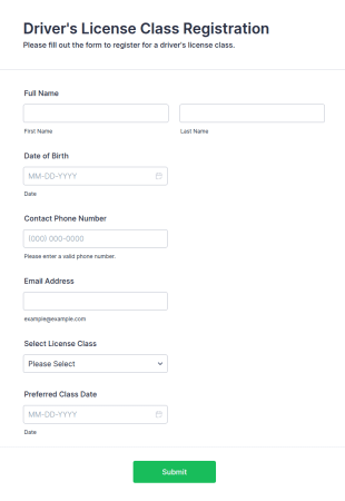 Driver's License Class Registration Form Template