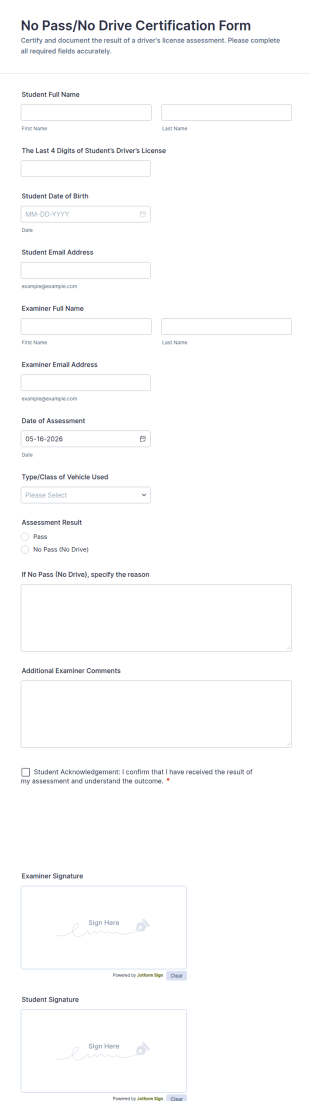 Driver’s License No Pass/No Drive Certification Form Template