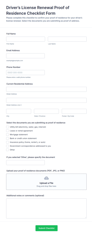 Driver’s License Renewal Proof Of Residence Checklist Form Template