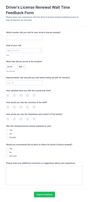 Driver’s License Renewal Wait Time Feedback Form Template
