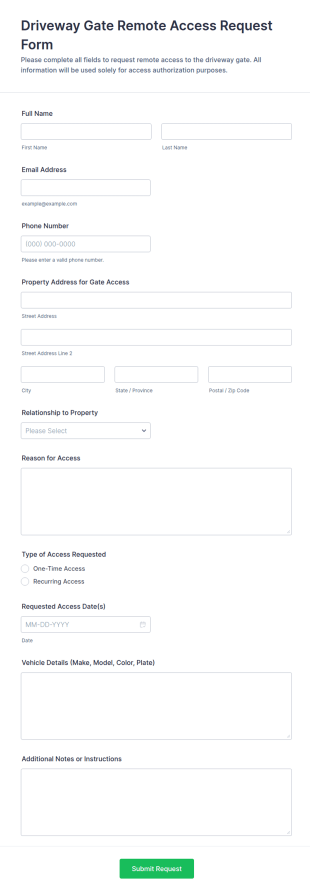 Driveway Gate Remote Access Request Form Template