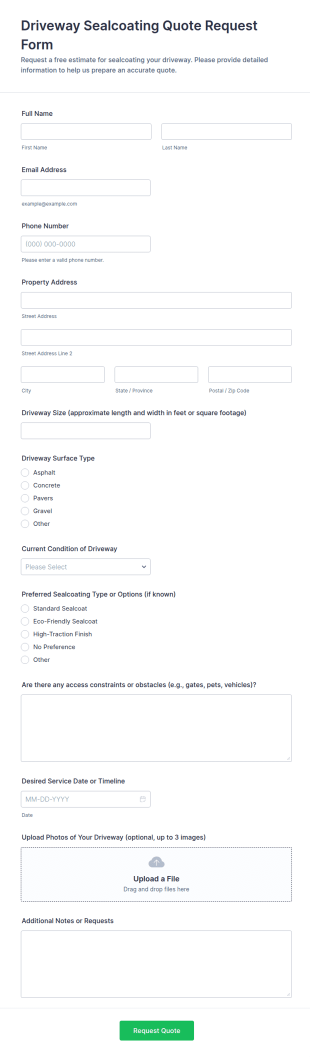 Driveway Sealcoating Quote Request Form Template