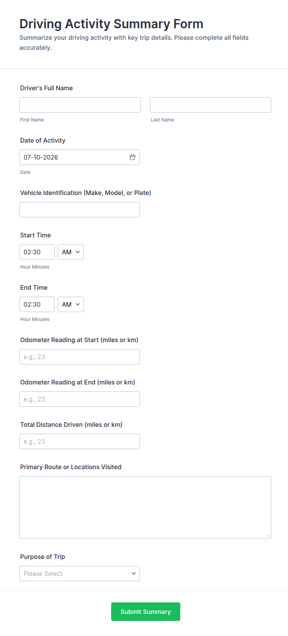 Driving Activity Summary Form Template | Jotform