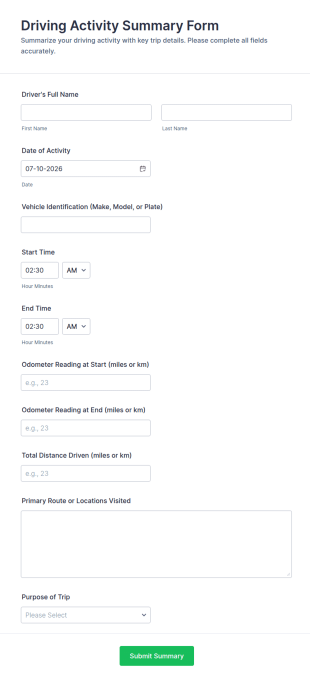 Driving Activity Summary Form Template