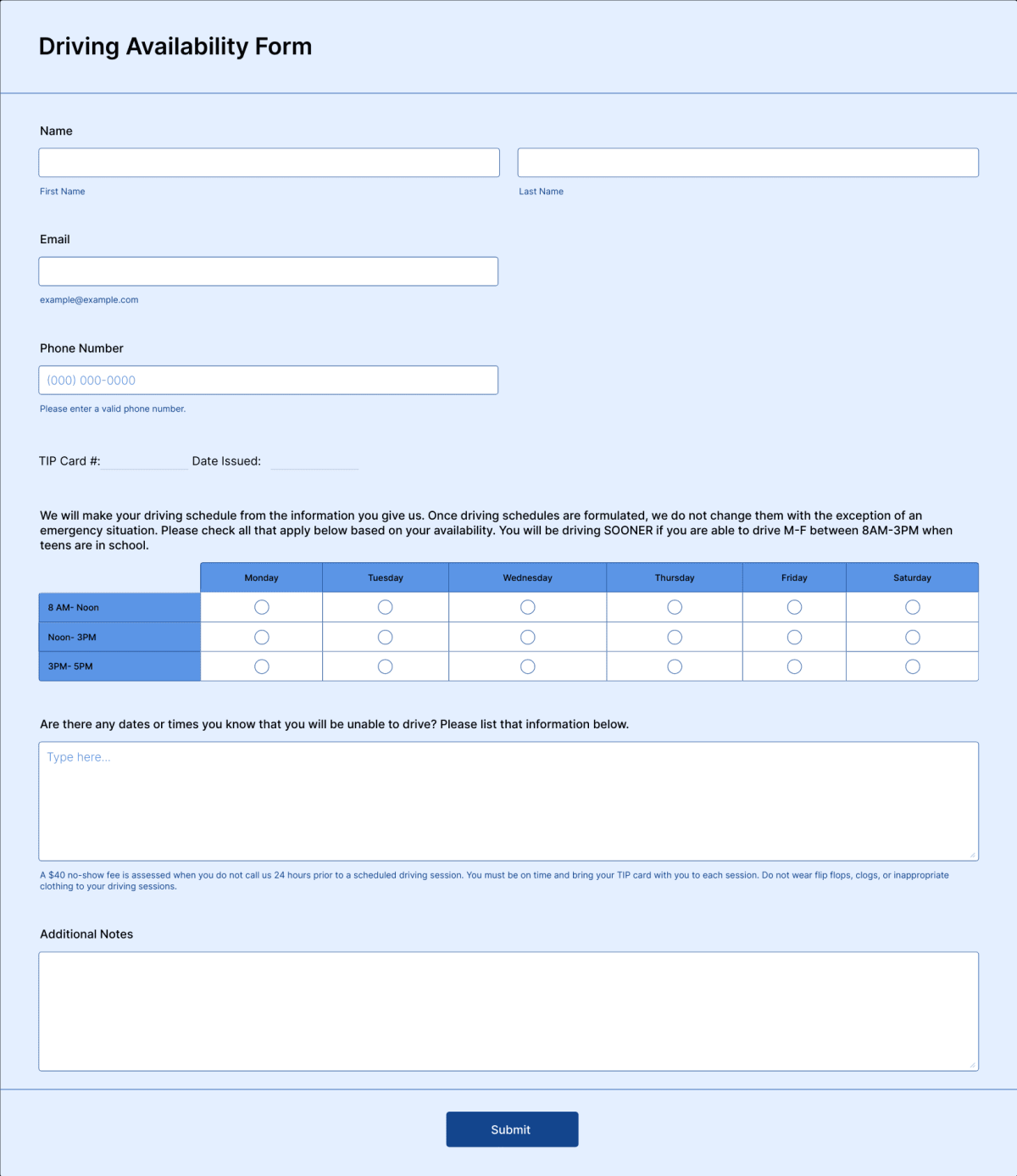 Driving Availability Form Template | Jotform