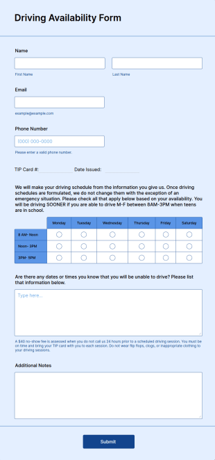 Driving Availability Form Template