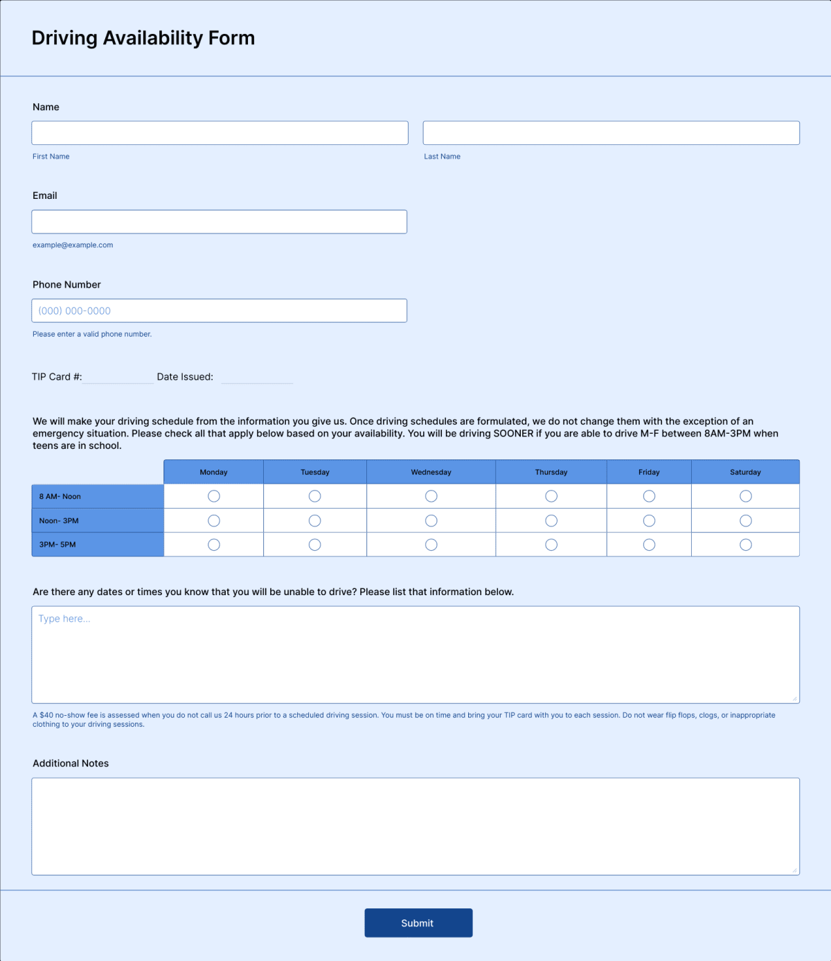 Driving Availability Form Template Jotform Driving Availability Form Template Jotform