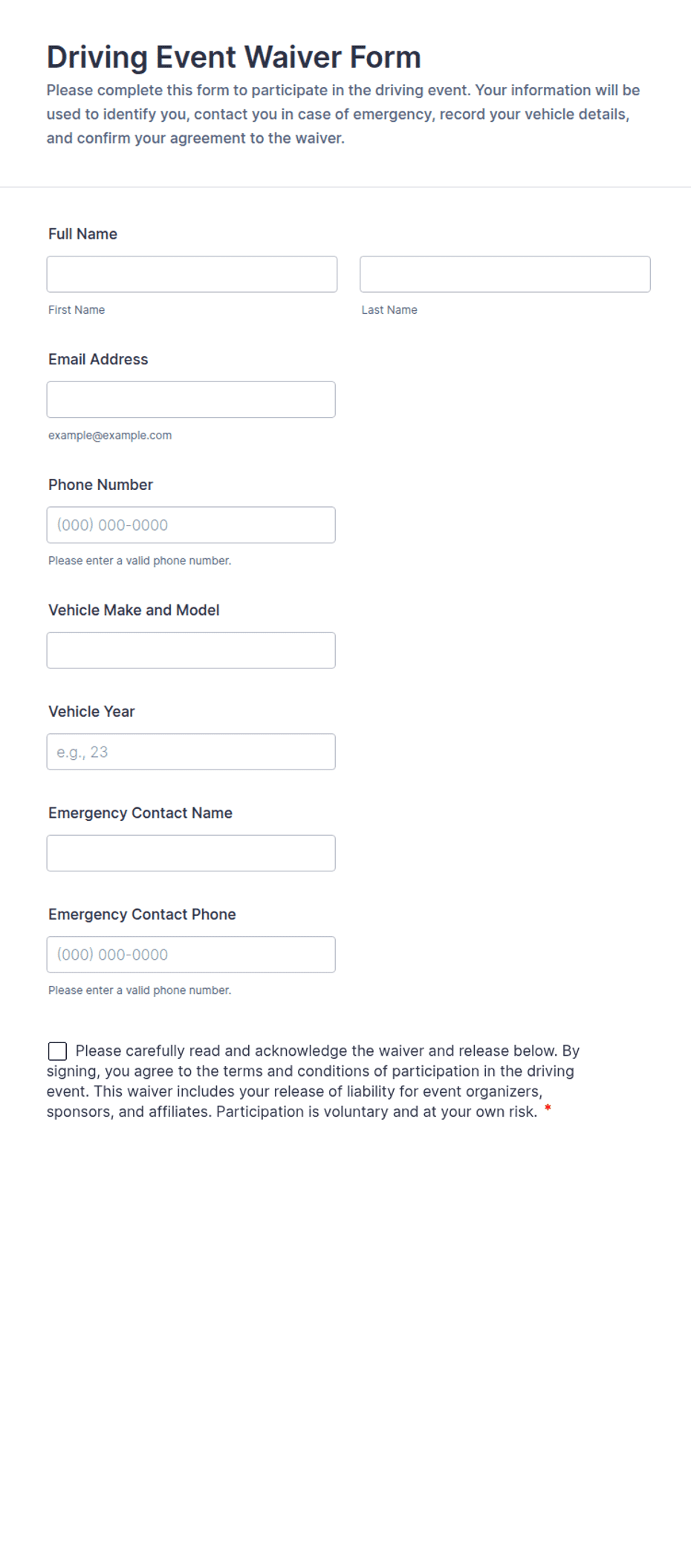 Driving Event Waiver Form Template | Jotform