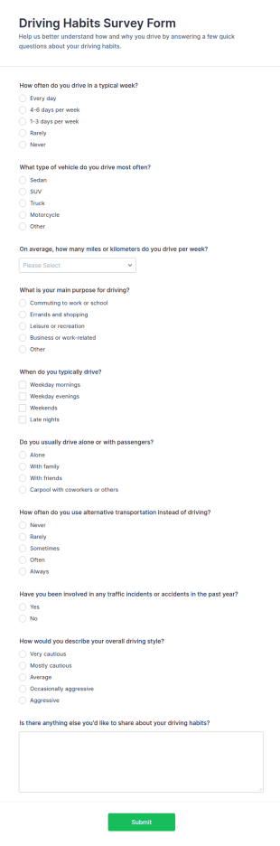 Driving Habits Survey Form Template