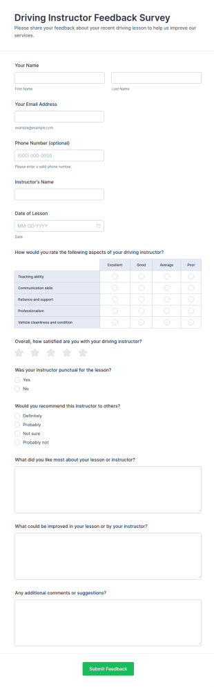 Driving Instructor Feedback Survey Form Template
