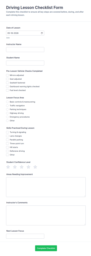 Driving Lesson Checklist Form Template
