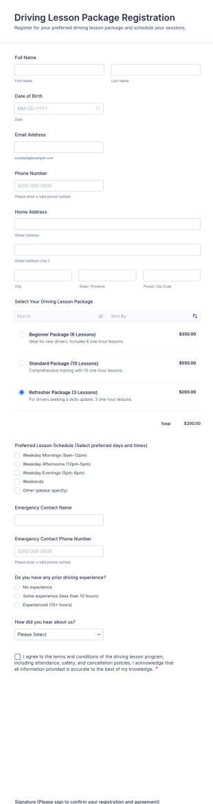 Driving Lesson Package Registration Form Template