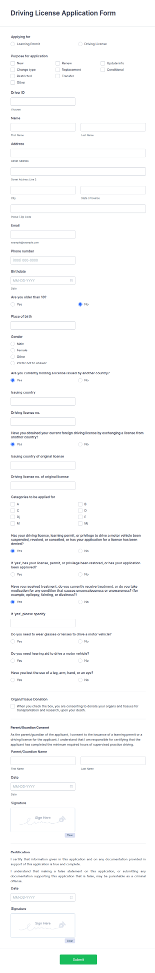 Driving License Application Form Template
