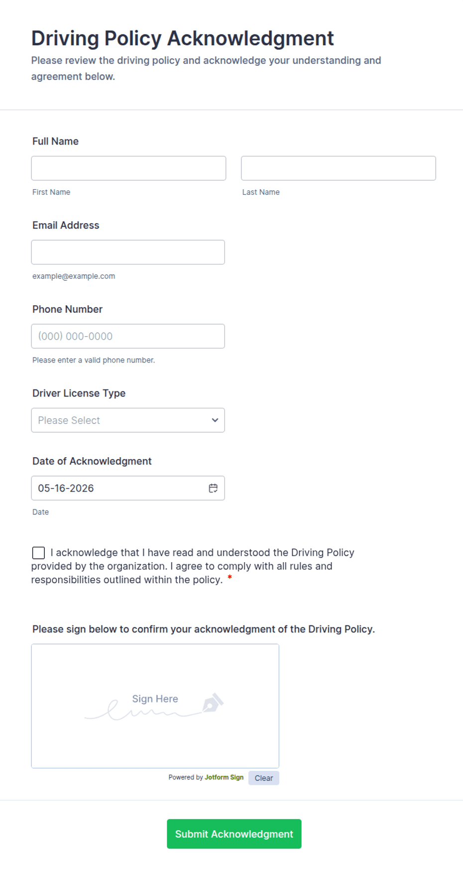 Army Drivers Pledge Example.pdf Driving Policy Acknowledgment Form Template | Jotform