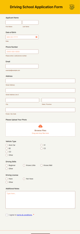 Driving School Application Form Template