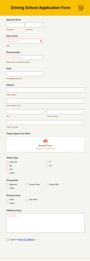 Driving School Application Form Template