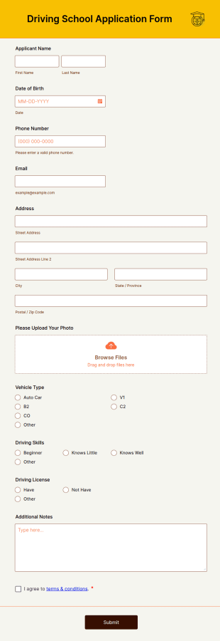 Driving School Application Form Template