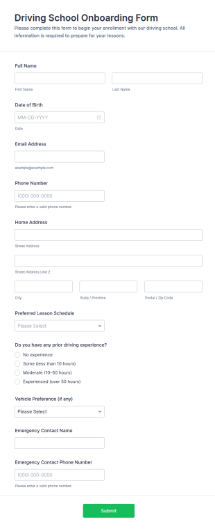 Driving School Onboarding Form Template