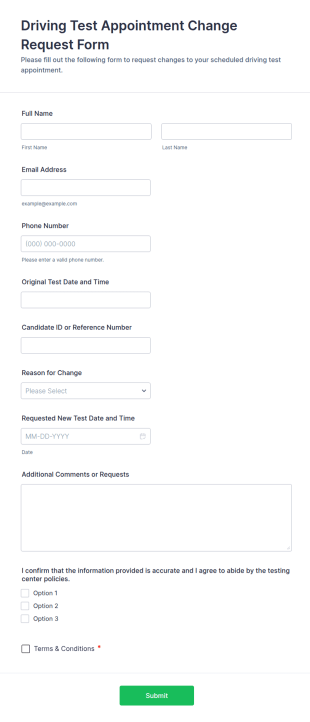 Driving Test Appointment Change Request Form Template