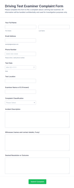 Driving Test Examiner Complaint Form Template